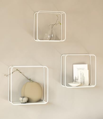 Kazai.® Set Estantería de Pared 'Noora' | 3 Baldas Flotantes de Metal con Diseño Moderno | Decoración y Almacenaje para Salón, Pasillo, Cocina o Dormitorio | Blanco