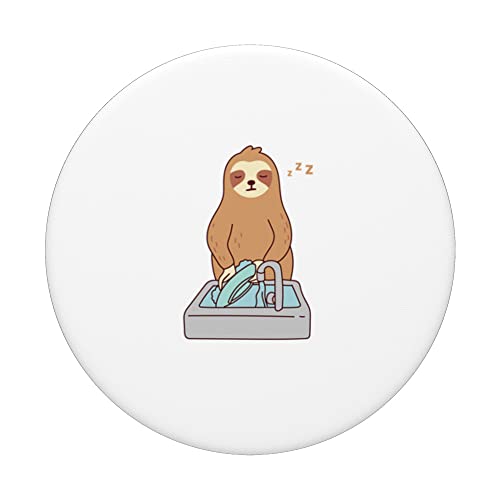 Cute Sloth Dishwashing Sleeping Tired Lazy PopSockets Swappable PopGrip, Black - Image 3