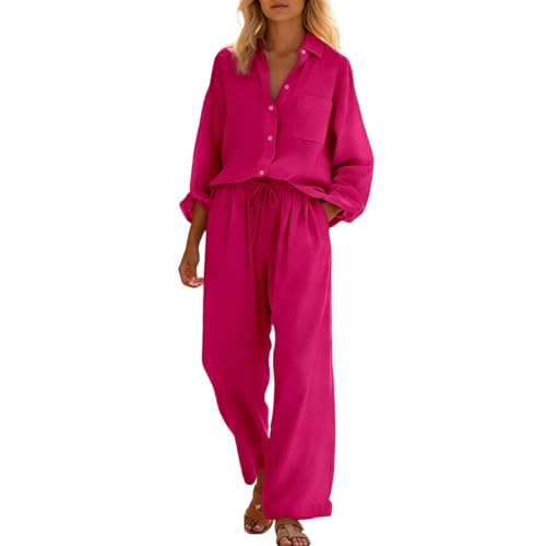 Generisch Traje de casa de dos piezas para mujer, muselina de verano, monocolor, lino, 2 piezas, pijama de manga larga, camisa y pantalones anchos, traje de lino, traje de jogging, traje de ocio
