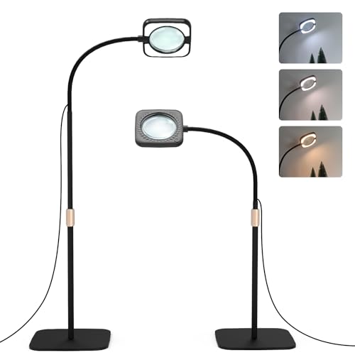 Loupe avec lumière et support - Lampe sur pied 8 LED avec 3 réglages de température de couleur - Lampe loupe avec 56 LED à intensité variable pour la...