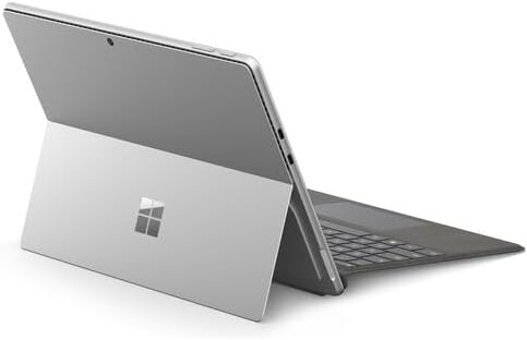 Ẹyìn view of the Microsoft Surface Pro 10, showing the kickstand extended and the Microsoft logo.