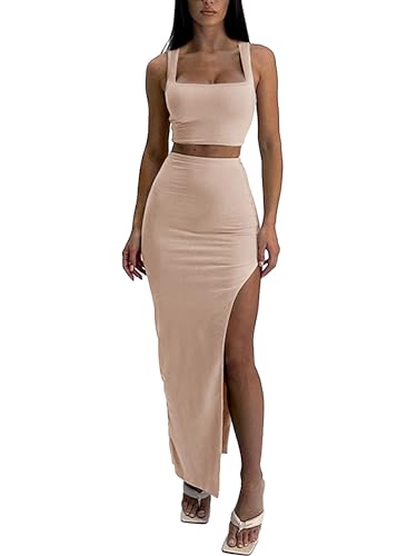 Image of ELLEVEN Two Piece Maxi Skirt Sets for Women, Square Neck Tank Tops with High Side Slit Dress Sets Summer Outfits