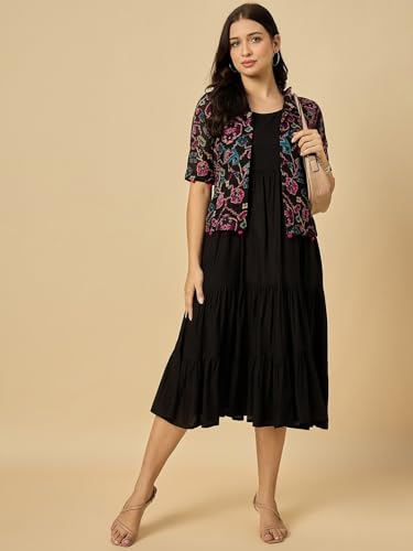 Image of Azira Women Rayon Solid Fit & Flared Dress with Printed Jacket | Perfect for Casual outings, Parties Rayon Fabric|