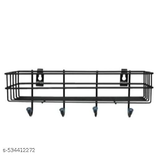 (Pack of 2) Steel Self-Adhesive Multipurpose Bathroom Shelf with Hooks/Towel Holder/Rack/Bathroom Accessories-Wall Mount - Pack of 2 (Black,Powder Coated) 2
