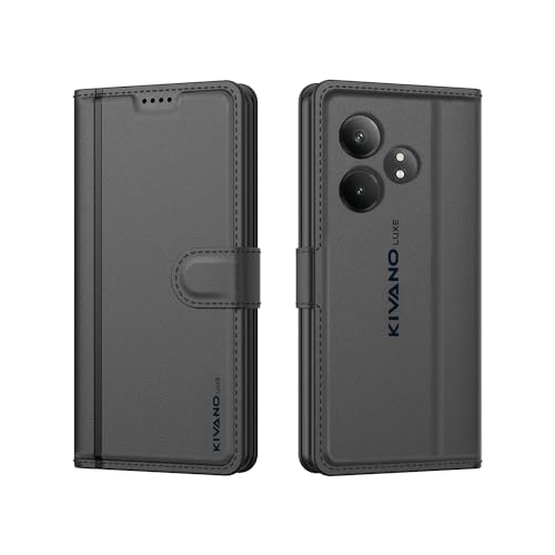 Image of KIVANO LUXE Compatible for Realme GT 6T 5G Luxury Handmade Leather Magnetic Flip Folio Case | Card Holder & Kickstand | Slim Protective Cover | Unisex - Black