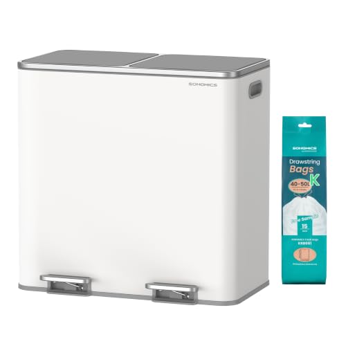 Image of SONGMICS Trash Can, 2 x 10.6 Gallon (2 x 40 L), White and Gray | With 15 Trash Bags, 2 Compartments, Plastic Inner Buckets and Hinged Lids, Airtight, ULTB730W80