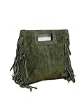 MINNI MOON, Bolso de Hombro con flecos para Mujer, Bandolera con Flecos27x25x7 cm, Bolso con flecos Piel Serraje, Cierre de Cremallera (Verde)