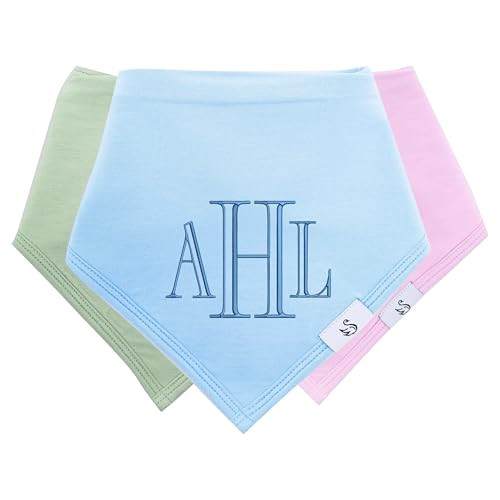 Personalized Baby Bib Set 4 Pack Custom Bandana Style with Snap Fasteners, Breathable Silky-Soft Rayon Made from Bamboo for Teething and Drooling