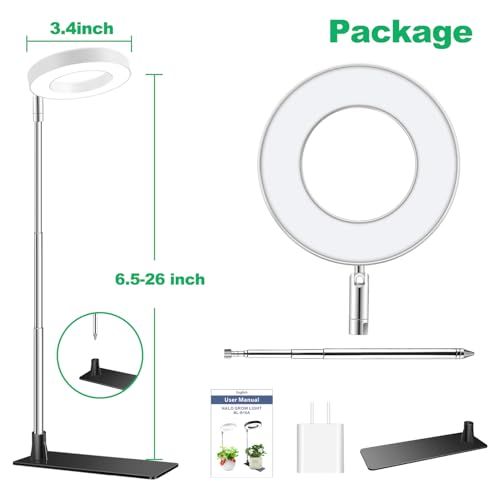 Image of Aokrean Halo Grow Lights with Base for Indoor Plants Growing, Full Spectrum | 48 LEDs White 1-Pack, 2 Installation Ways, 6.5-26 in Height Adjustable, 3 Lighting Modes, Auto Timer 3 /9 /12Hrs, 10 Brightness