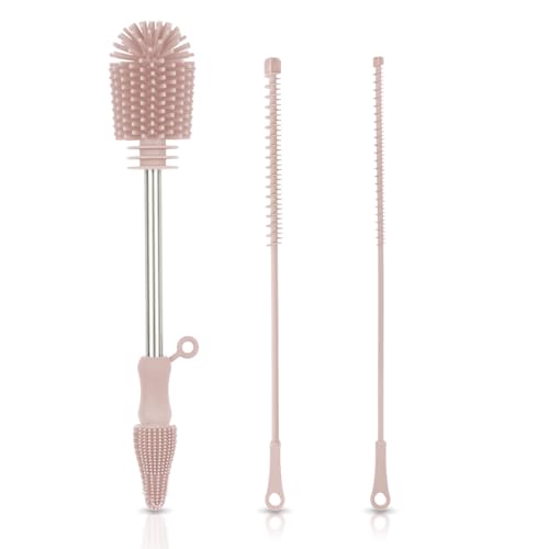 Image of Haakaa Silicone Cleaning Brush Kit - Baby Bottle Brush Cleaner for Breast Pump,Nipple,Breast Milk Storage Bag,Reusable Straw,Sippy Cup - Food Grade Silicone Bristles, Portable - 3 Pcs - Blush