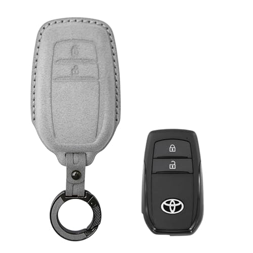 Image of KMH Alcantara Car Key Cover Compatible with Toyota Innova Crysta Hilux 2 Buttons Shell Case Car Accessories Key Smart Keycover with Keychain (D2) Grey - Pack of 1