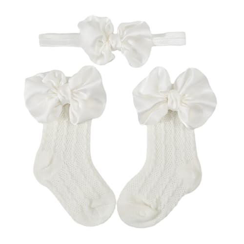 GINEVSAL Baby Girls Dress Socks Cute Bow Princess Socks and Headband Set for Toddler Infant Clothing Accessories (White, 3-12 Months)