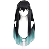 時透無一郎 ウィッグ かつら コスプレウィッグ グリーン ブラック コスプレ 前髪 75cm ロング ストレート lolita 女性 レディース 小顔 ロリータ ファッション カツラ 耐熱 イメチェン ハロウィン クリスマス 仮装 イベント wig ネット付き (時透無一郎)