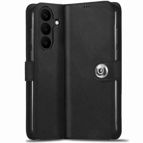 Image of TheGiftKart Flip Cover Back Case for Samsung Galaxy S26 FE 5G | Genuine Leather Finish | Designer Button | Inbuilt Pockets & Stand | Wallet Style Flip Back Cover Case (Faux Leather, Black)