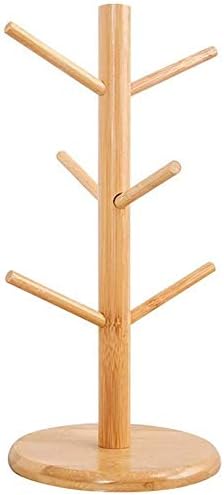 KASTWAVEBamboo Mug Rack Tree Coffee Tea Cup Organizer Hanger Holder with 6 Hooks Removable Bamboo Mug Stand