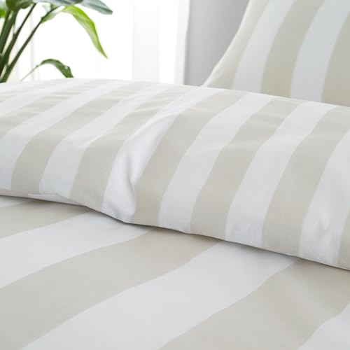 Catherine Lansfield Cove Stripe Reversible Double Duvet Cover Set with Pillowcases Natural