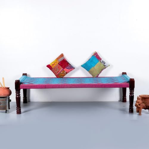Image of Solid Sheesham Wood Charpai Khat | Handcrafted Daybed Khatiya Charpai with Cotton Rope | Traditional Khat Bed Wooden Diwan Cot for Living Room | 6X3 Feet | Pink and Light Blue