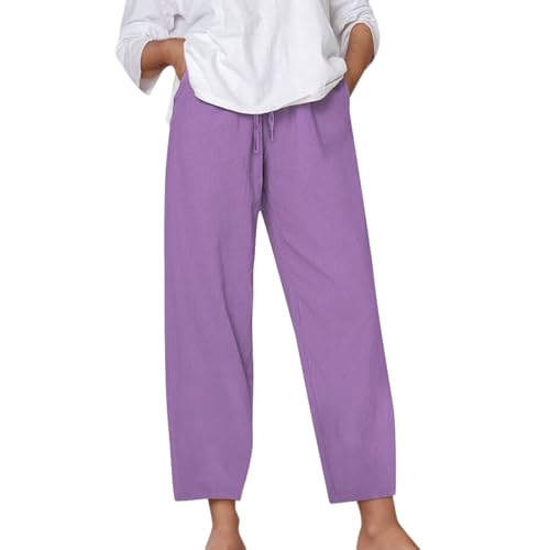 CEWIFO Pantalones de verano para mujer, ligeros, 3/4, lisos, holgados, cómodos, con cordón, cintura elástica, bolsillo de cintura recta, pantalones de ocio 7/8, morado, XL