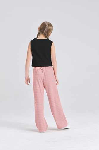 Image of Kids Clothes Girls Summer 2024 Cute Outfits 2 Piece Tie Knot Crop Tops Wide Leg Long Pants Set Suit Pink Black, 5-6 Y, Black&pink