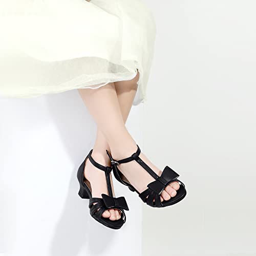 PANDANINJIA Sally Girls Heels Todder Rhinestone Dress Shoes Pump T Strap Open Toe Bow Little Big Kids Flower Girl Shoes(Black Pu 11 M US Little Kid)2