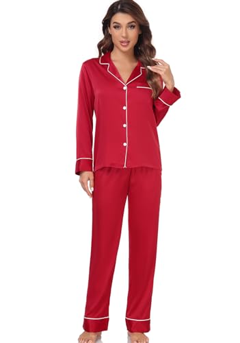 Image of Serenedelicacy Women's Satin Pajama Set Long Sleeve Button Down Sleepwear 2-Piece Silky Pj Set