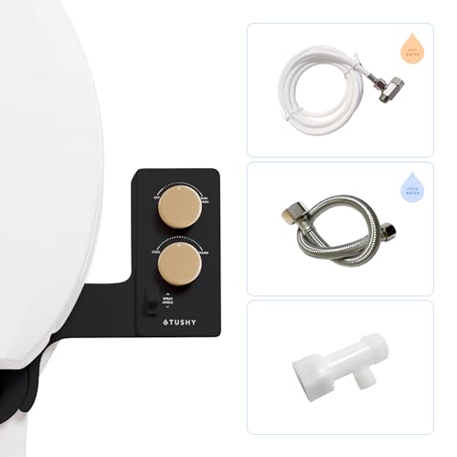 TUSHY Spa Warm Water Bidet Attachment for Toilet. Universal Fit Easy Install (Requires Sink Access for Optional Temperature Control) Self Cleaning Adjustable Pressure Angle Control Noir/Gold