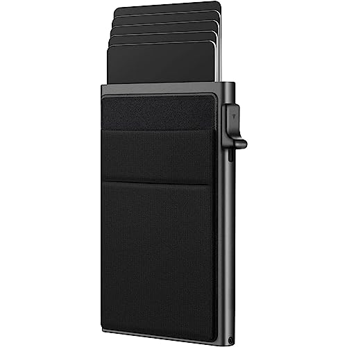 Tk Card Holder with Money Pocket Mens Minimalist Slim Aluminum Metal Pop Up Wallet RFID Blocking Card Case (Black)