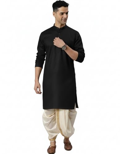 Image of Men Cotton Kurta & Silk Dhoti | Ethnic Wear for Weddings, Festivals & Celebrations (Pack of 1)