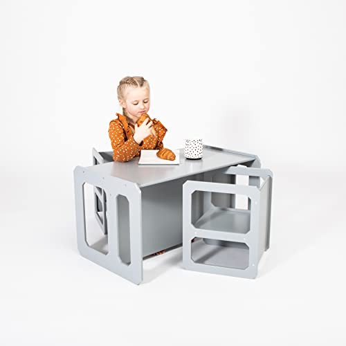 Entwöhnungstisch, Montessori-Tisch, Holztisch, Kinderspieltisch, Weaning Table, 1 Tisch und 2 Stühle (Grau) Cover