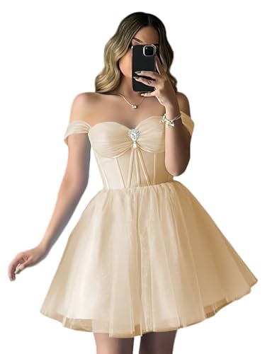 XYAYE Sparkly Tulle Homecoming Dresses Off Shoulder Short Prom Dresses for Teens Puffy Sweetheart A Line Cocktail Dress