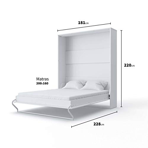 INVENTO Opklapbed op gasliften | Bedkast | Murphy bed | Vouwbed 200x160, geschikt voor woonkamer, slaapkamer, logeerkamer, kantoor en kinderkamer (Verticaal 200x140, Wit/Hoogglans Wit) - Afbeelding 6