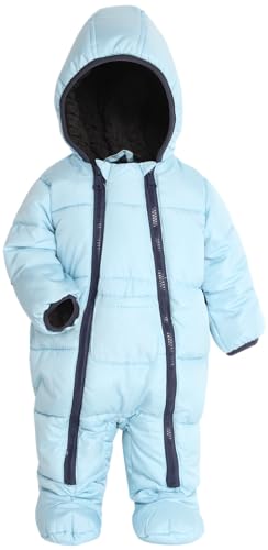 Image of DKNY Baby Boys’ Snowsuit – Hooded Fleece Lined Warm Winter Jumpsuit – Zip Snow Pram for Newborns and Infants (0-24M), Size 24M, Light Blue
