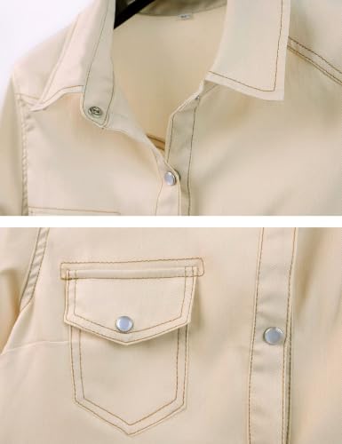 Image of SeekMe Womens Modern Denim Shirts Tie Front Crop Top Chambray Jean Shirts | Button Down Knot Top, Roll Up 3 /4 Sleeve, Short Length Jean Blouse, Western Cowgirl Outfits