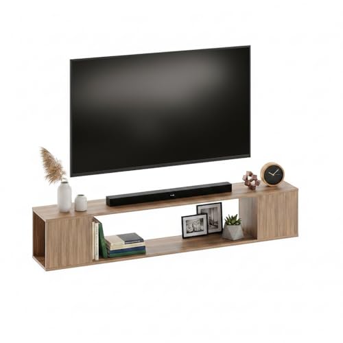 Image of FURNEASER Ether Modern Wall Mounted TV Unit with Floating Shelf | Wooden TV Entertainment Unit for Living Room | Engineered Wood Media Console for 43,50, 55 to 65 Inch TV (Exotic Teak)