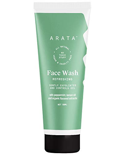 Arata Refreshing Face Wash For All Skin Types | Soap-Free Cleanser | Deep Cleansing Action, Gentle Exfoliation, Removes Makeup, Dirt & Impurities With Peppermint, Lemon Oil & Organic Flaxseeds | 50ML