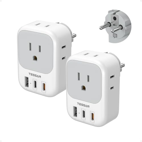 TESSAN Type E F Travel Plug Adapter PD 20W 7 in 1 Germany France Power Adaptor with 4 Outlets 3 USB (2 USB-C) South Korea Outlet Adapters for US to Europe EU Spain Iceland Greece Portugal 2 Pack