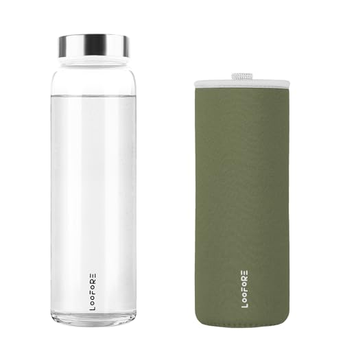LOOFORE Glass Water Bottle 32 oz with Wide Mouth and Neoprene Sleeve