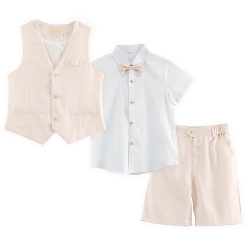 Image of LOLANTA Boys Linen Suit 4 Piece Summer Gentleman Outfit Kids Shorts Set
