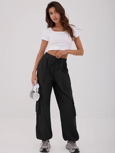 ZAFUL Cargo Pants for Women High Waisted Casual Pants Baggy Wide Leg Y2K Streetwear with 6 Pockets Drawstring Ankle Cuffs4