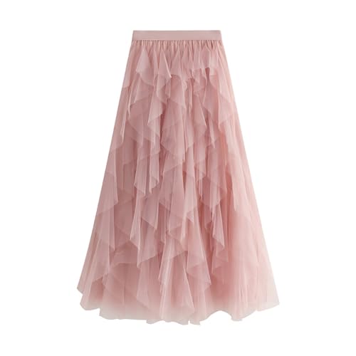 Women's Tutu Tulle A-Line Layered Mesh Midi Skirt, Layered Tulle Skirt Midi Mesh High-Waisted Skirt Long Fairy Skirt, Pink
