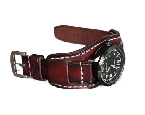 Premium Handmade Leather Watch Strap &ndash; Bund Style | Italian Veg-Tanned Brown Cuff Band | 18-24mm...