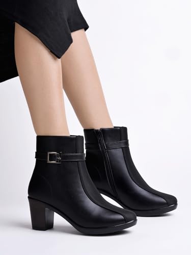 Image of Women's Faux Leather Ankle Boots with Mid Heel and Buckle Strap || Side Zipper Comfort Booties for Fall & Winter