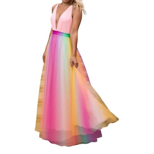 Bauzuoyo Abendkleid Damen Lang Elegante Sommerkleid Regenbogen Kleid aus Chiffon Sexy Tiefer V-Ausschnitt Rückenfrei Ballkleider für Abschlussfeier...
