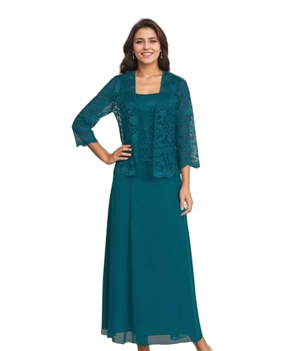 Women's Lace Mother of The Bride Dresses with Jacket 2 Pieces Chiffon Evening Formal Dresses for Wedding Guest Dress