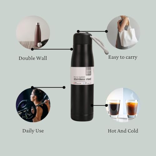 Image of Water Bottle Stainless Steel for Daily Office, School & Gym Use - BPA-Free, Leak-Proof, Durable Metal Bottle with Carry Strap (Black-SS, 550 ml)