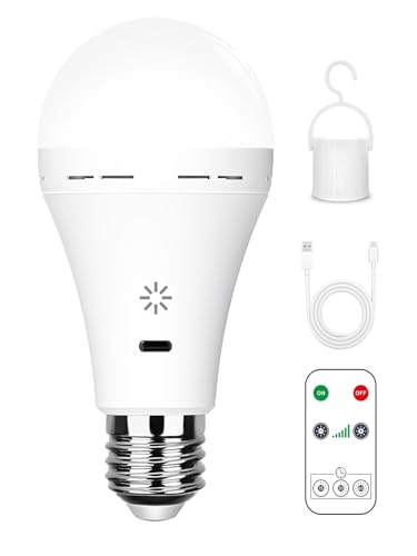 Bombilla Recargable USB C con Control Remoto, E27, de Batería de 7W, Bombilla LED Regulable con Control Táctil con Función De Temporización, Luz de Emergencia Acampar con Gancho,6500k/1 pack