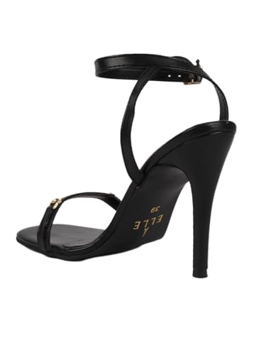 Image of ELLE Women's Square Toe Stiletto Heel Sandals with Gold-Tone Bar Detail and Crisscross Ankle Strap