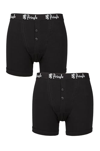 Pringle Mens Button Fly Boxers - Soft Combed Cotton, Branded Waistband, Plain, Black, White,2 Pack Sizes S,M,L,XL Black L