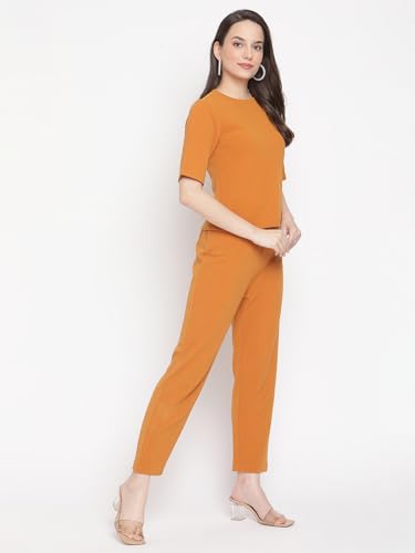 Image of Zima Leto Women's Orange Polyester Co-ord Set | Solid Short Sleeve Top with Matching Pants | Stylish Two Piece Outfit for Women | Modern Western Set for Work, Travel, Casual, Lounge & Daily Use