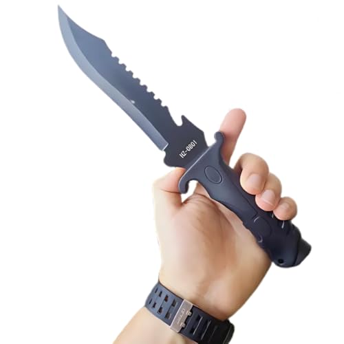 Faca Tática Militar de Sobrevivência, Lâmina Serrilhada, Cabo Ergonômico, Preta